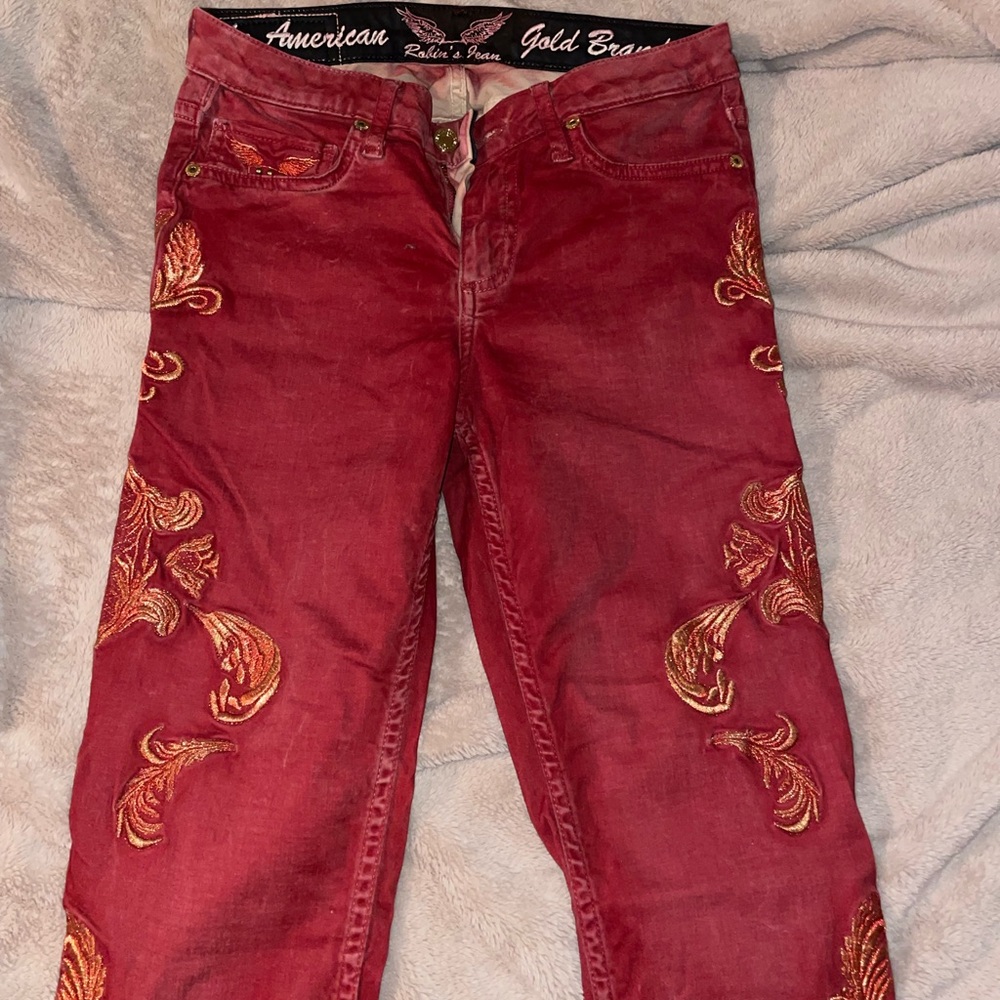 American Gold Red Jeans with Gold Embroidery